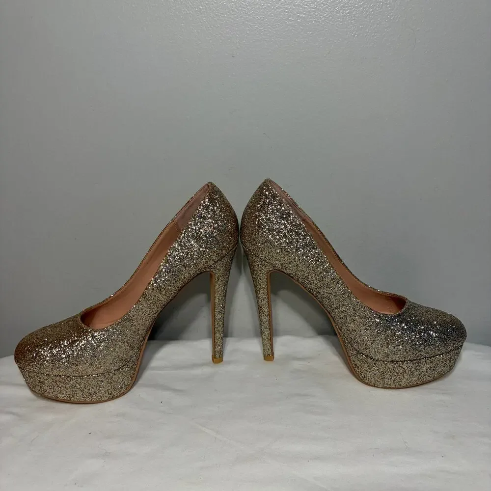 Genshuo Heels Pumps Stiletto Gold Glitter 5.5